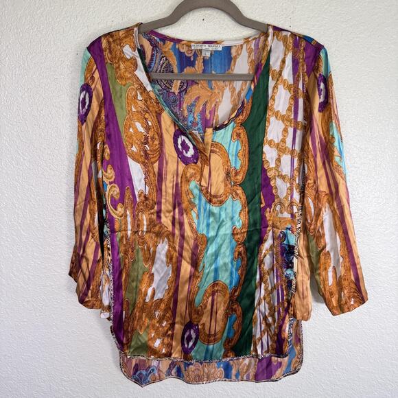 Alberto Makali Tops - Alberto Makali Top Womens Large Silk Baroque Print Blouse Boho Artsy Chic Resort